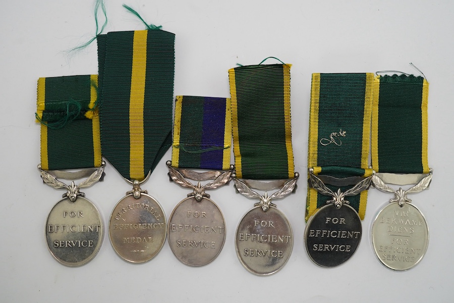 Six assorted Efficiency medals; GV (C) India to Pte.F.S.Slee,1 E.I.RY.R.,A.F.I.;GV (A) Territorial to 477046 Sjt H.W.Pawley, R.A.M.C.; GVI Militia to 2313197 Sclmn.S.H.Dummer, R.Signals.; GVI Territorial to 1434970 Gnr C